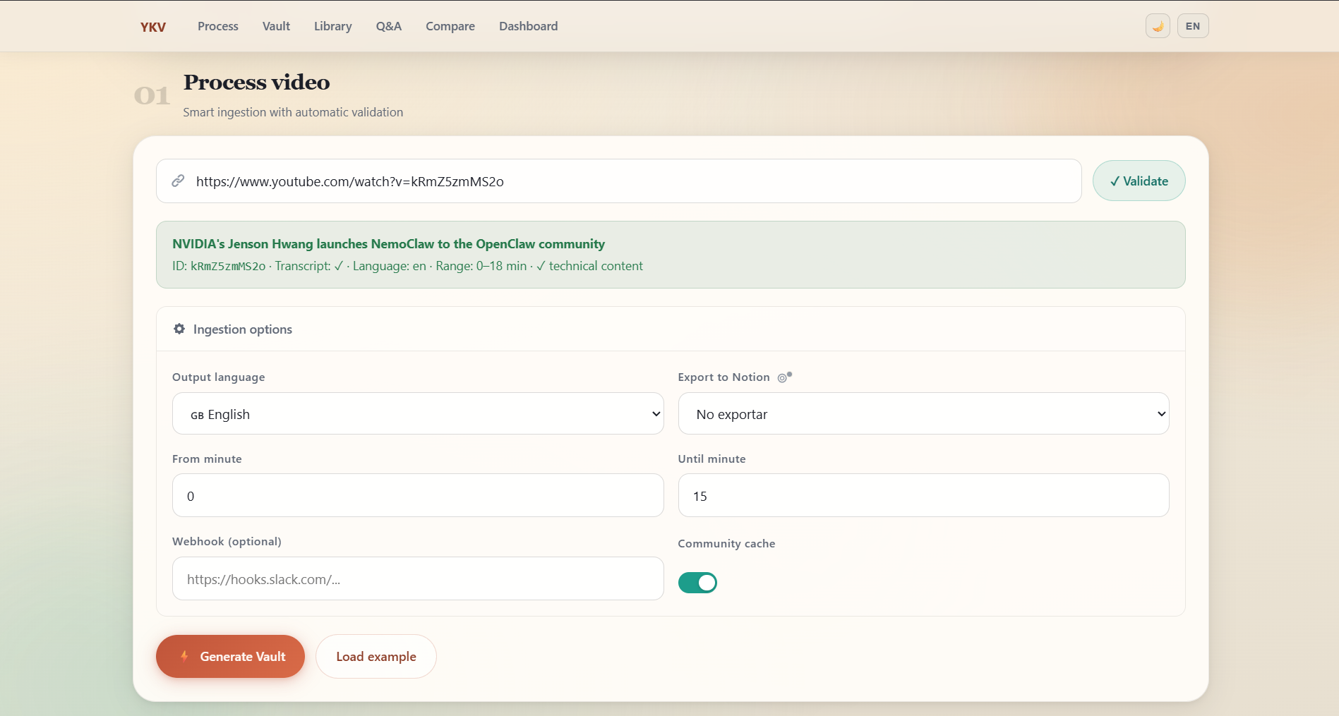 YKV process screen with validation and ingest options