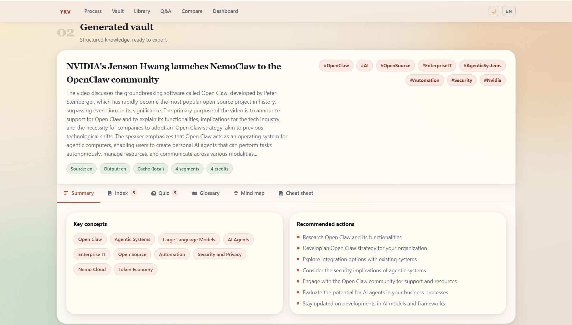 YKV generated vault screen with summary and structured outputs